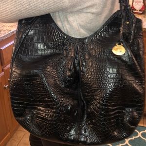 Brahmin Black Croc-Bossed Slouch Purse